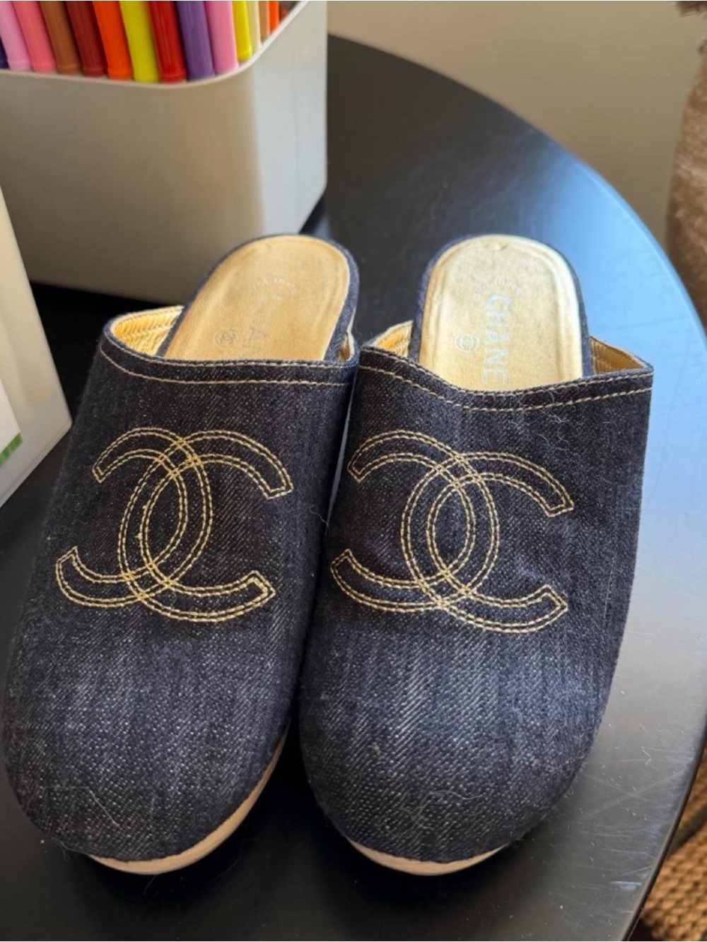 CHANEL Black Denim Logo Slip-On Mules